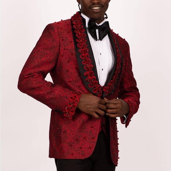 Men’s Red Stone Embroidered Tuxedo - Picture 10 of 13